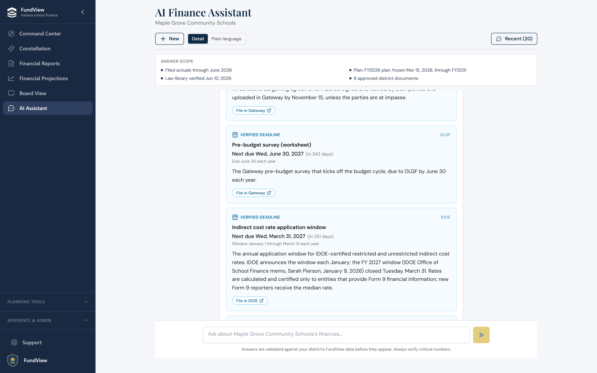 The FundView assistant answering a compliance question with verified deadline cards, agency tags, statute citations, and file links