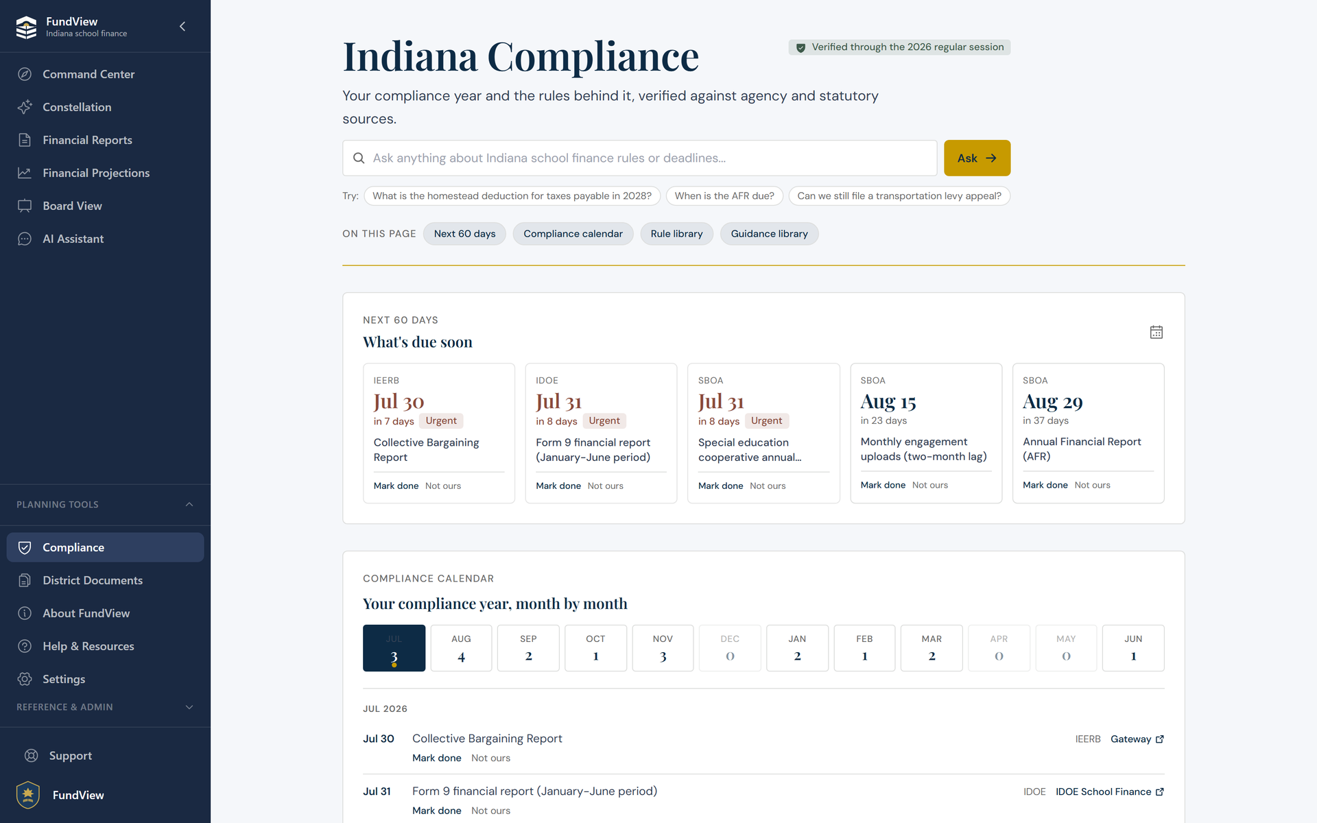 FundView Indiana Compliance: what's due in the next sixty days and the compliance year month by month, verified against agency sources