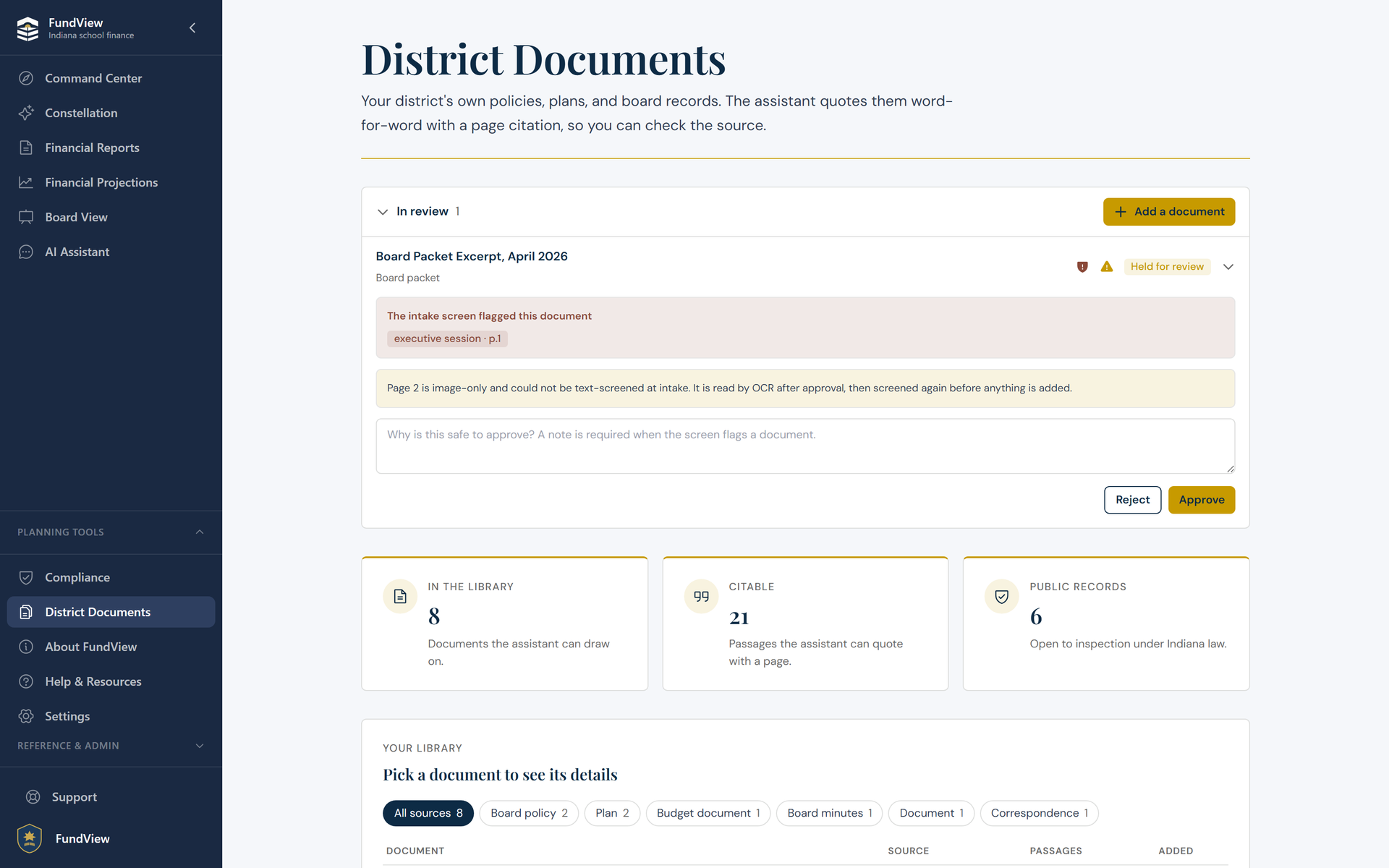 FundView District Documents: a screened review queue and a library of citable board policies, plans, and records