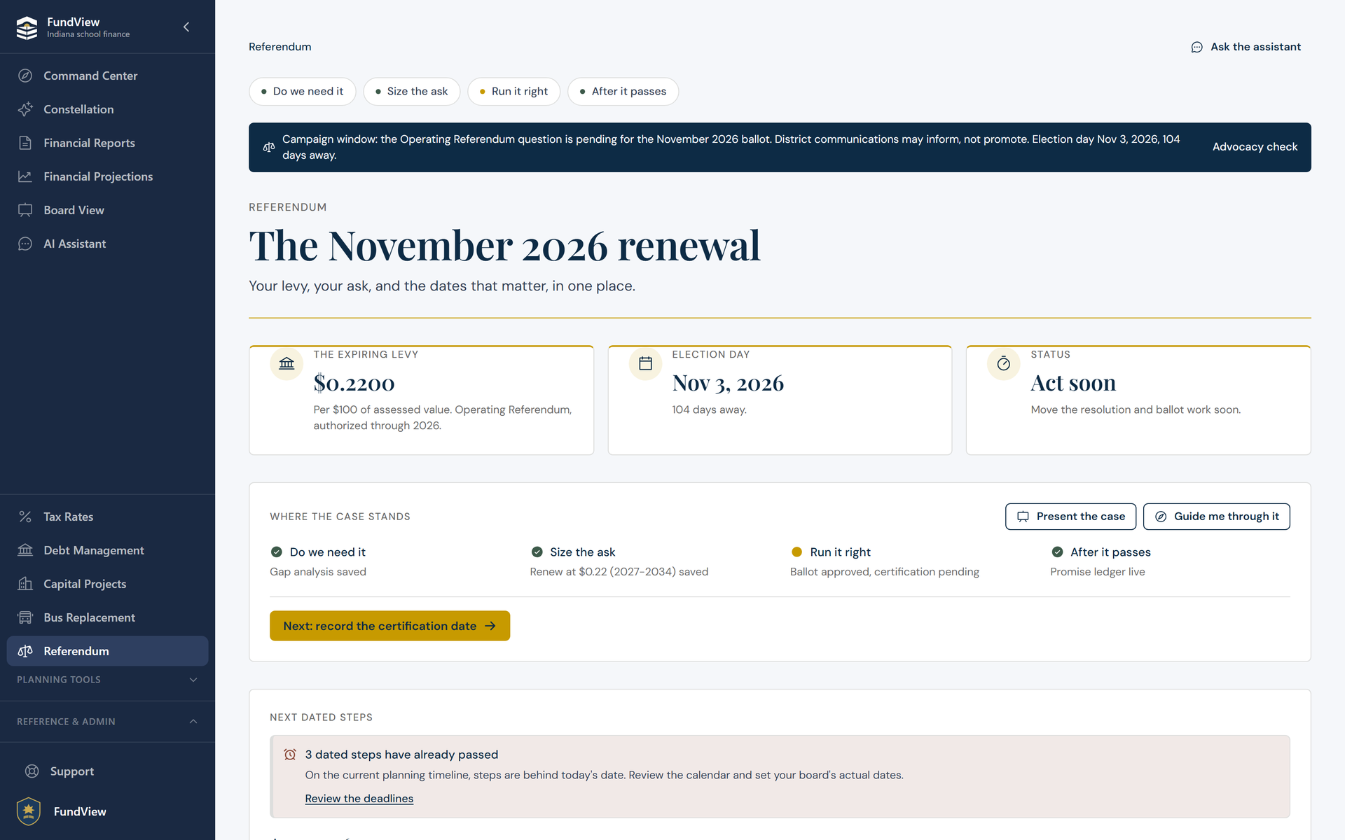 FundView Referendum module: the expiring levy, election day countdown, and the four-stage case for the ballot